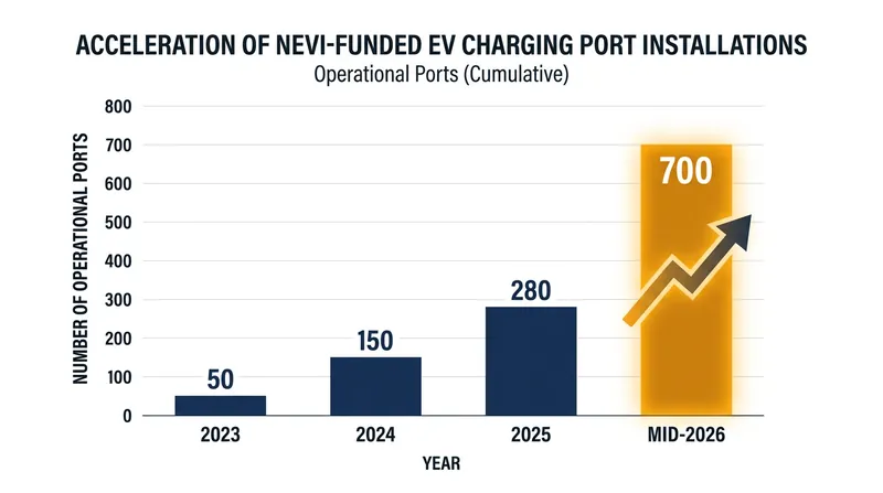 After years of delays, the federal NEVI program saw a massive spike in operational charging ports in early 2026.