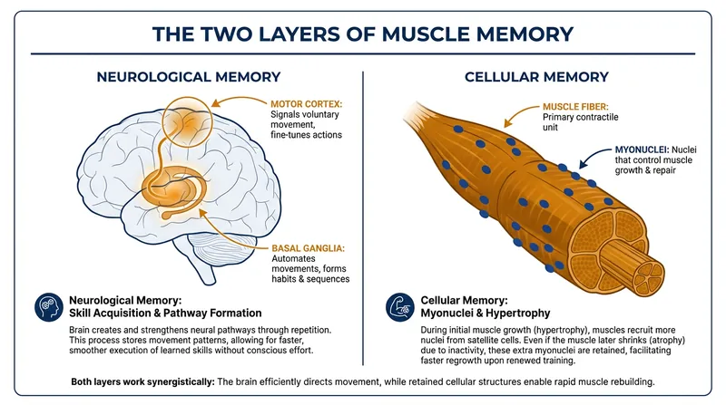 Muscle memory operates simultaneously in the brain's procedural pathways and the muscle fibers' cellular control centers.