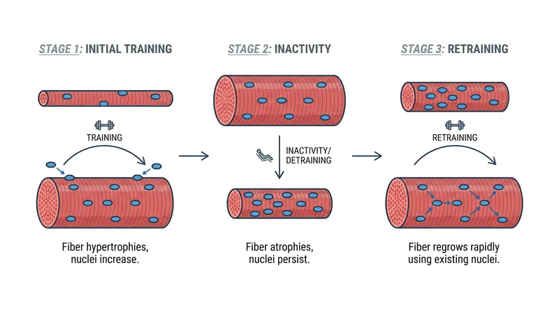 Even as muscles shrink during periods of inactivity, they retain the extra nuclei built during previous training.