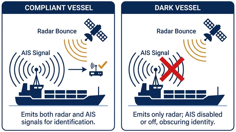 AI cross-references Synthetic Aperture Radar (SAR) with public AIS broadcasts to expose ships trying to hide.