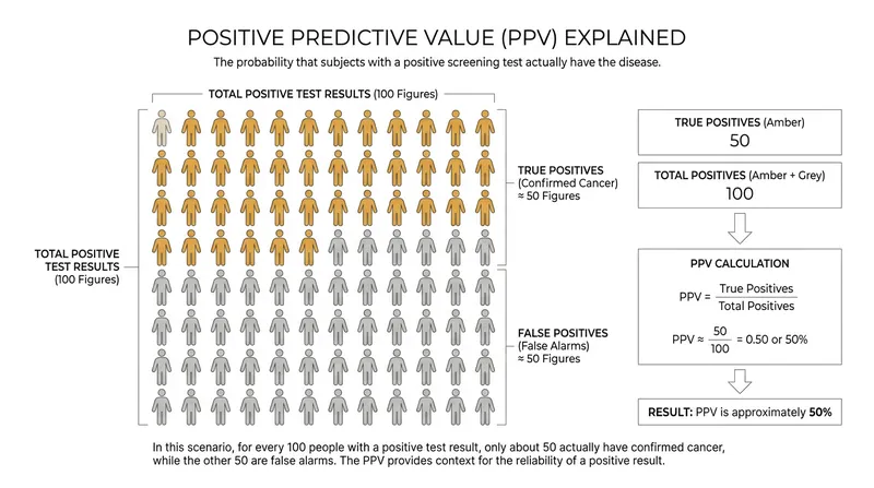 A Positive Predictive Value of 50% means that half of all positive test results will ultimately be false alarms.