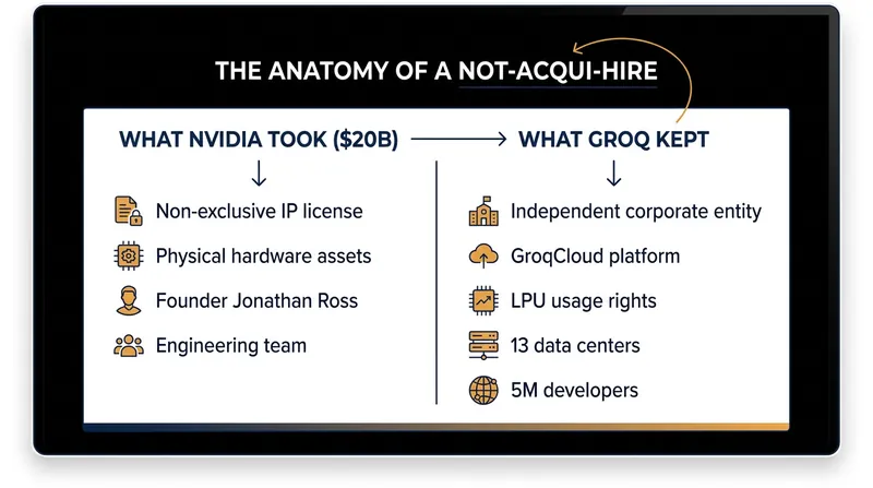 How the December 2025 deal divided Groq's assets while avoiding formal antitrust acquisition blocks.