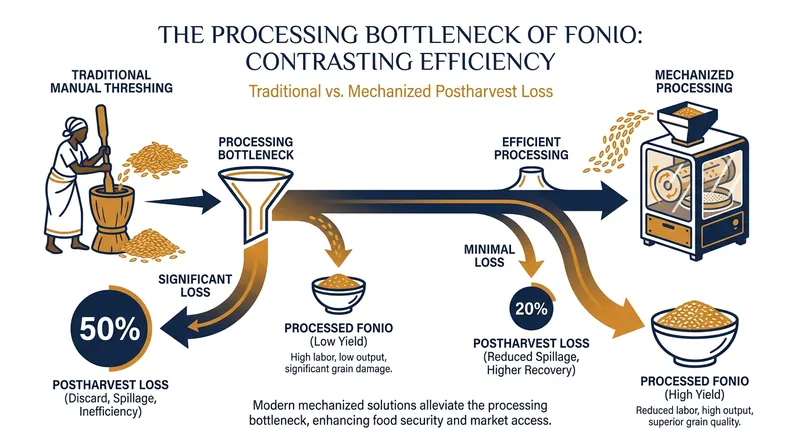 Technological innovations in husking and processing have dramatically reduced the postharvest loss of the microscopic grain.