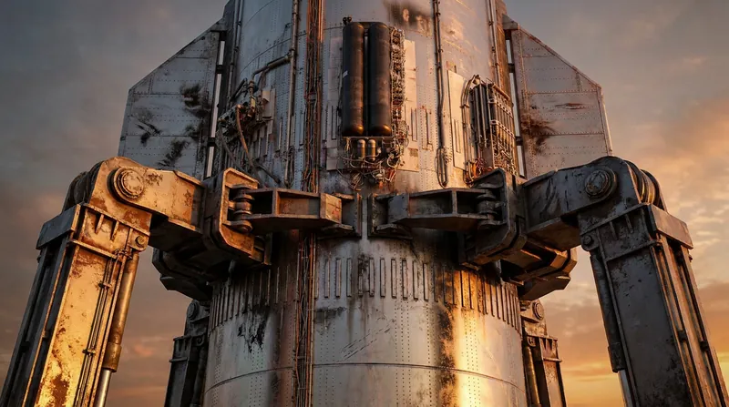 The booster's reinforced grid fins serve as the primary load-bearing points when resting on the chopstick arms.
