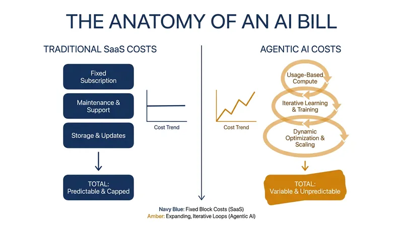 Unlike traditional software, agentic AI costs compound rapidly through iterative background loops.