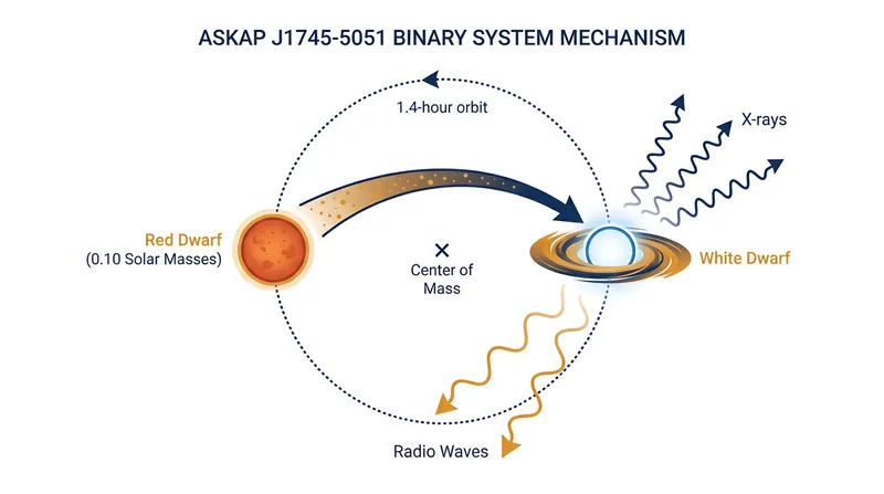 The 1.4-hour orbital period of the two stars perfectly matches the timing of the radio and X-ray emissions.