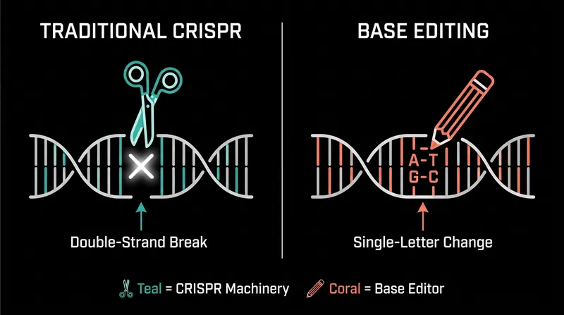 Unlike traditional CRISPR which cuts the DNA helix, base editing chemically alters a single genetic letter, minimizing the risk of unintended mutations.