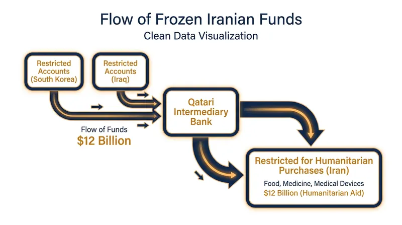 The $12 billion in unfrozen assets will be routed through Qatar and restricted to humanitarian purchases.