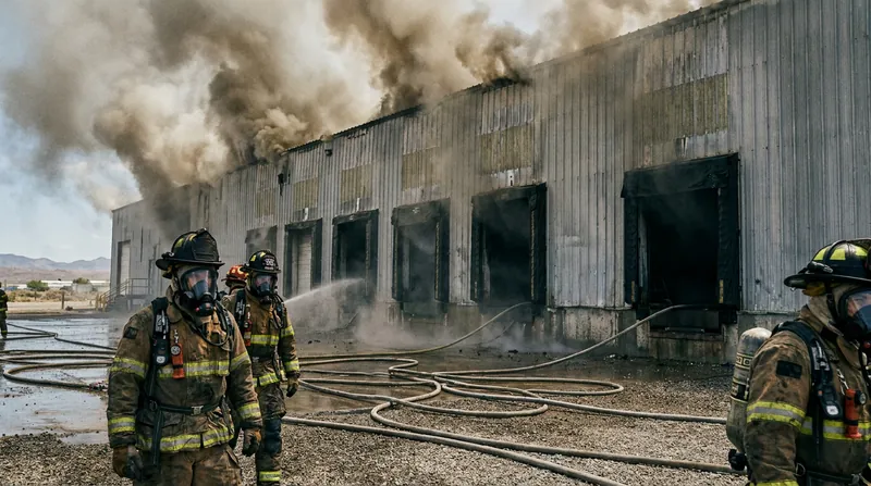 Firefighters have been unable to enter the building due to the risk of structural collapse and hazardous chemicals.