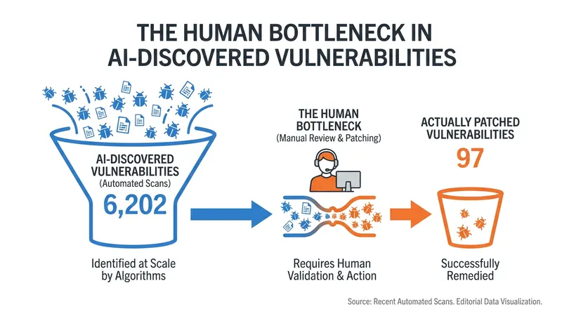 The gap between AI vulnerability discovery and human patching capacity highlights the need for dedicated engineering support.