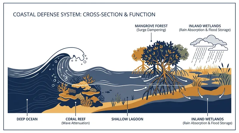 The three layers of natural coastal defense: offshore reefs, tidal mangroves, and inland wetlands.