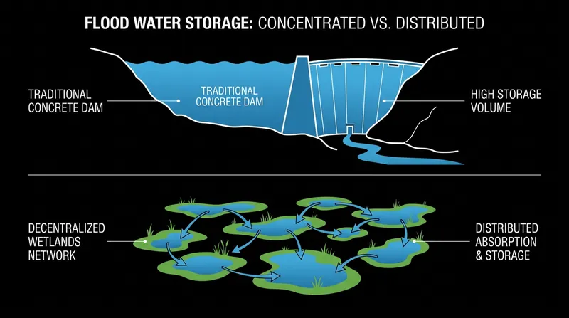 Decentralized inland wetlands can provide cumulative flood storage capacity comparable to massive concrete dams.