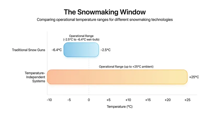 TIS systems drastically expand the operational window for resorts, bypassing the strict wet-bulb temperature limits of traditional snowmaking.