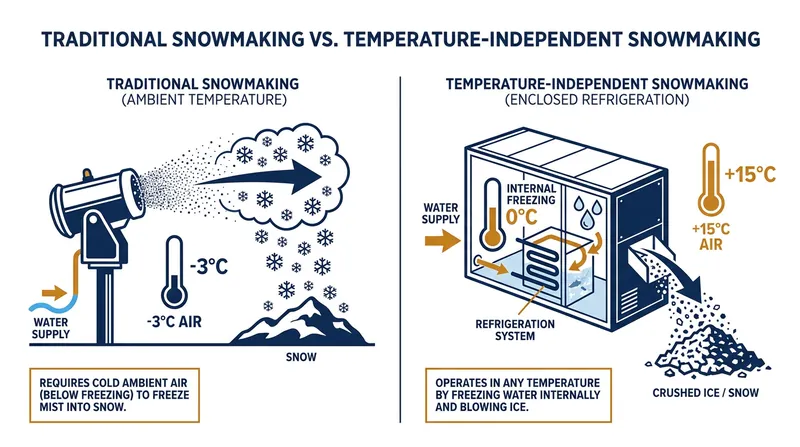 Unlike traditional snow guns that rely on freezing air, TIS systems act as enclosed industrial freezers.