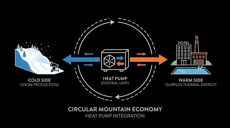 By capturing the surplus heat generated during the freezing process, resorts can warm their infrastructure while making snow.