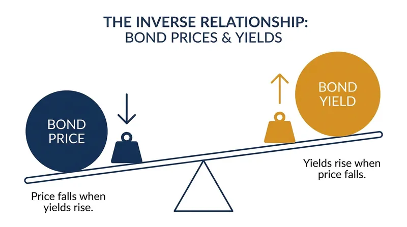 When investor demand for bonds falls, prices drop and yields rise to attract buyers.