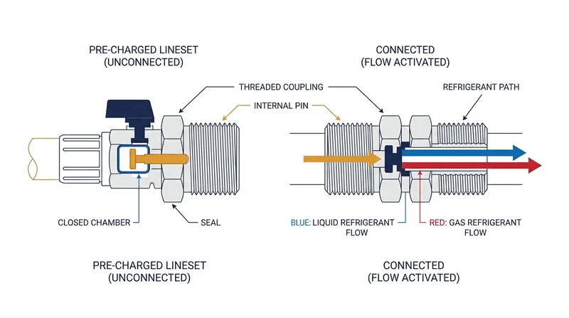 Pre-charged linesets use self-sealing valves that open only when fully tightened, eliminating the need for vacuum pumps.