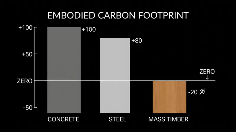 Unlike concrete and steel, which emit heavy carbon during production, mass timber actively sequesters carbon within the building.