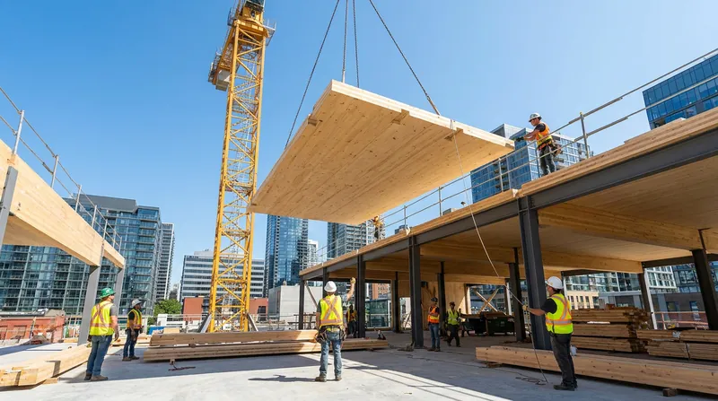 Because mass timber components are prefabricated off-site, buildings can be assembled up to 50% faster than traditional concrete structures.