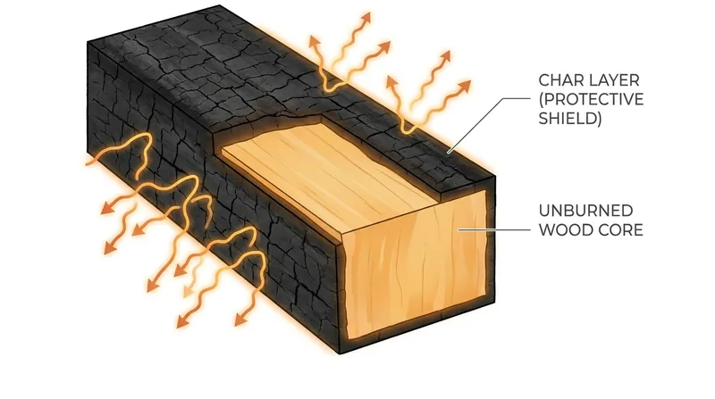In a fire, mass timber forms an insulating char layer on the outside, protecting the structural integrity of the wood core.