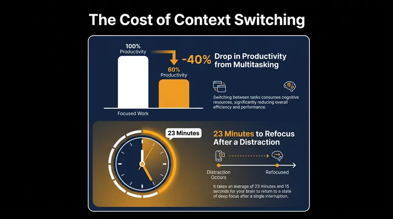 The human brain is not designed for multitasking; rapid context switching severely drains cognitive energy.
