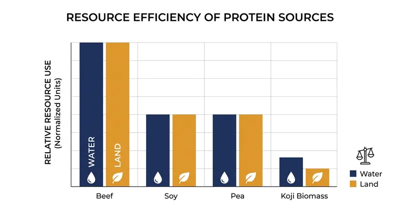 Koji biomass fermentation requires a fraction of the land and water used by traditional agriculture.