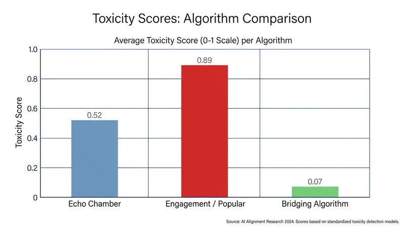 Simulations show that bridging algorithms dramatically reduce conversational toxicity compared to traditional engagement-based feeds.