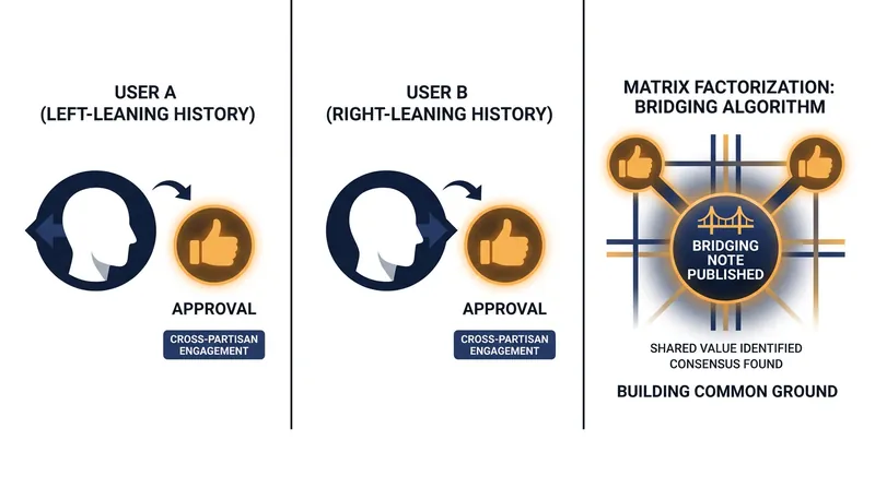 Unlike simple majority voting, bridging algorithms require approval from users with historically divergent voting patterns.