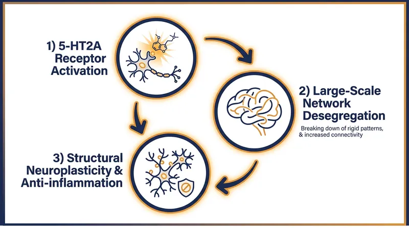 Researchers hypothesize that psilocybin alters large-scale brain network dynamics while promoting structural neuroplasticity.