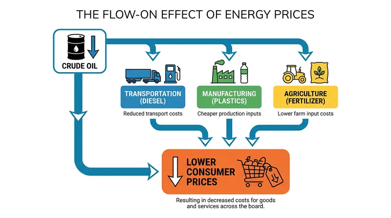 How cheaper crude oil eventually lowers the cost of core consumer goods.
