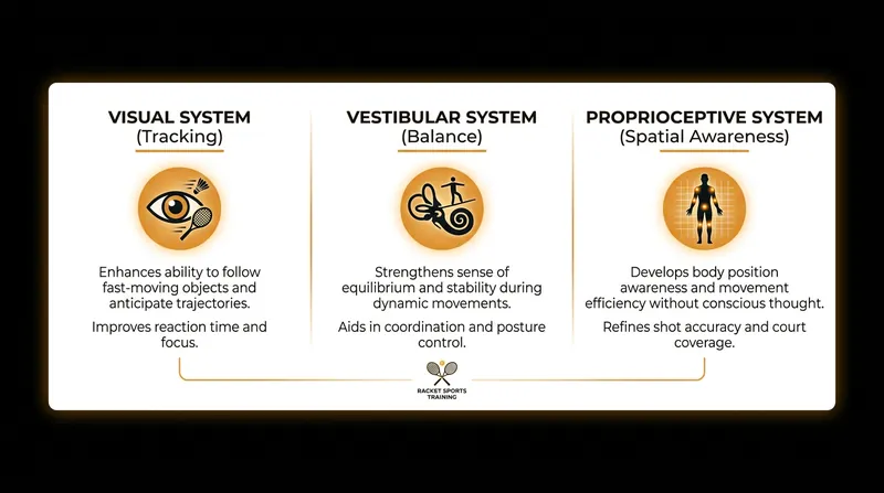 The neurological triad required to successfully intercept and return a ball over a net.