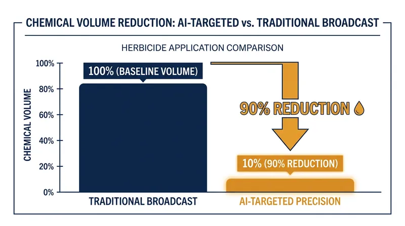 Precision spraying drastically reduces the volume of chemicals required per acre.