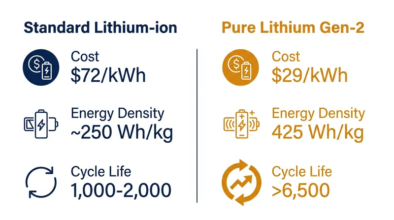 Projected performance and cost metrics for Pure Lithium's electrodeposited lithium metal battery compared to conventional lithium-ion cells.