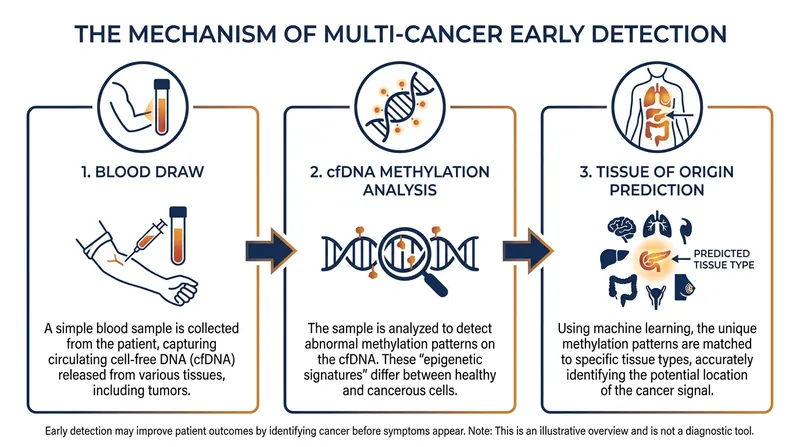 How MCED tests detect cancer signals and predict where the tumor is located.