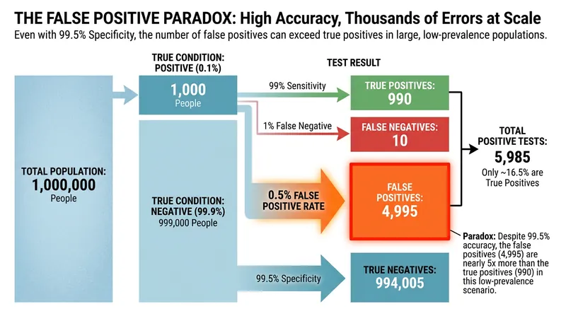 Even with a false-positive rate under 1%, population-wide screening would result in thousands of unnecessary diagnostic workups.