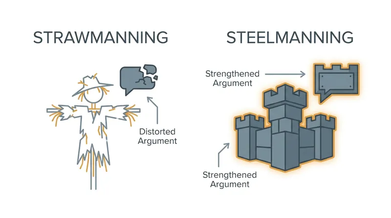 While a straw man weakens an argument to attack it, a steel man strengthens it to test its true merits.