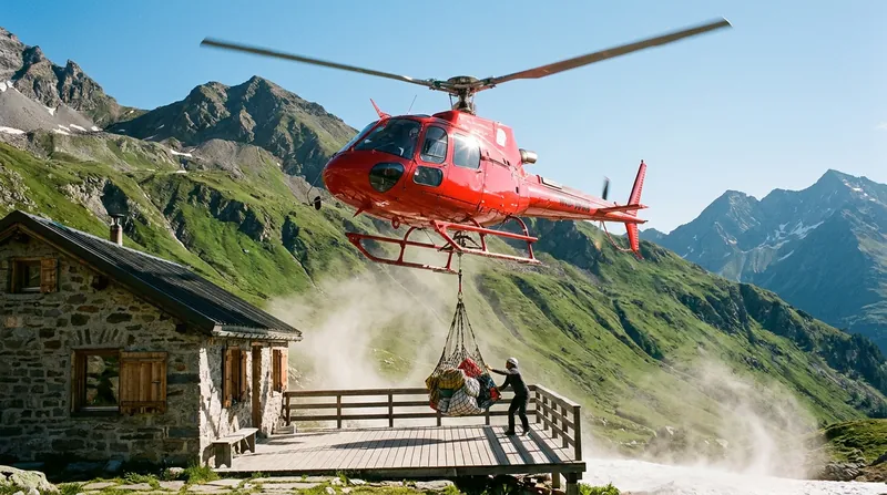 Because most huts are inaccessible by road, heavy supplies like food and heating fuel must be flown in by helicopter at the start of the season.