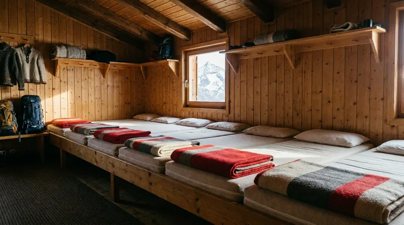 The traditional 'Matratzenlager' offers budget-friendly communal sleeping, requiring hikers to bring their own lightweight sheet liners.