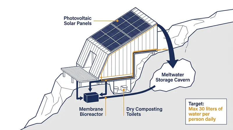 Modern alpine huts utilize complex micro-grids and strict water recycling to survive off-grid.