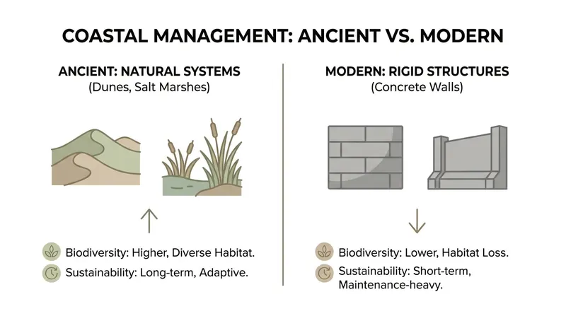 Ancient nature-based coastal management often provided greater long-term sustainability than modern hard engineering.