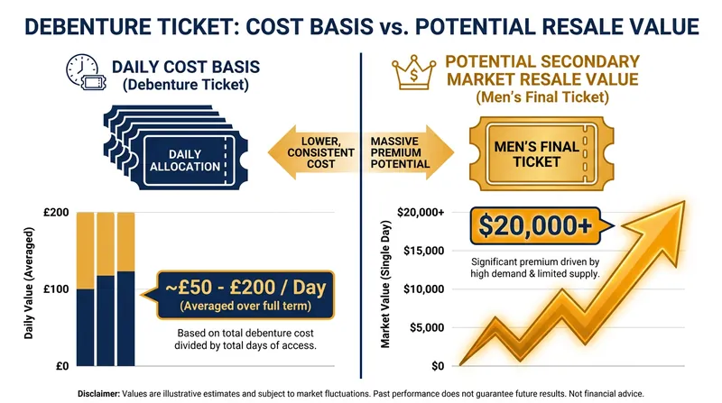 Because debenture tickets are legally transferable, high-demand days like the Men's Final can yield massive secondary market premiums.