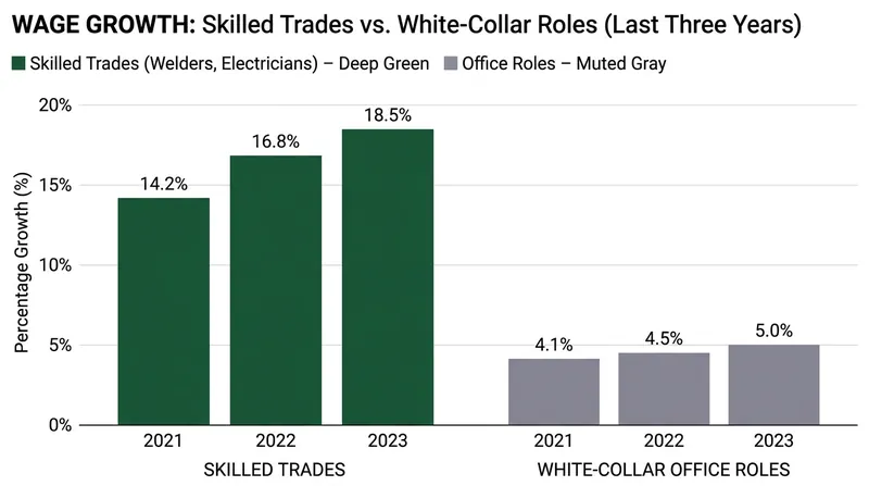 The blue-collar boom has driven significant wage compression, rewarding skilled trades in the physical economy.