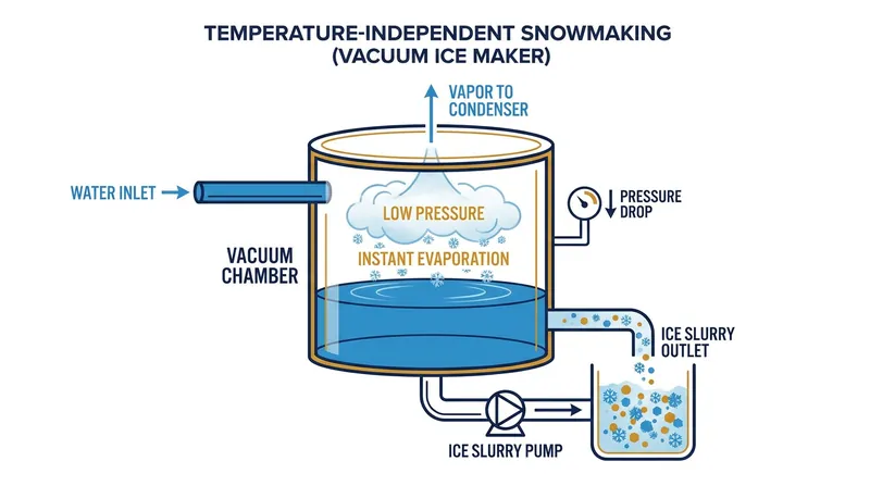 Vacuum ice makers bypass ambient air temperatures entirely, creating snow in a pressurized chamber.