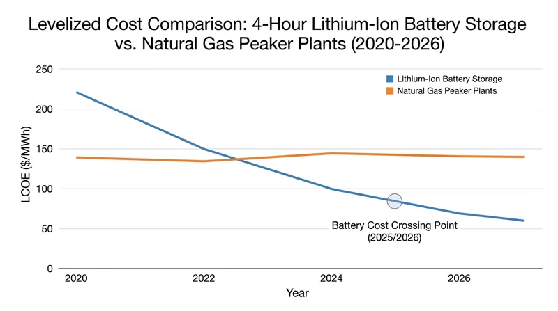 The cost of utility-scale battery storage has fallen below the cost of operating new natural gas peaker plants in many markets.