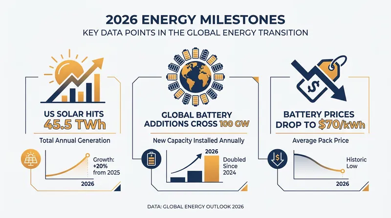 Key milestones in the 2026 energy market highlight the rapid acceleration of solar and storage.