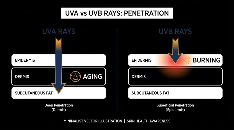 UVA rays penetrate deeply to cause aging, while UVB rays damage the superficial layers and cause sunburn.