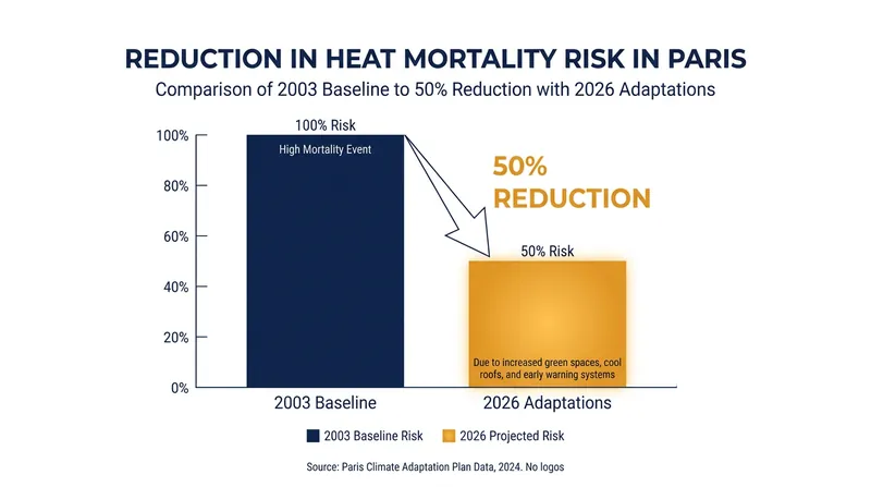 Public health interventions and behavioral changes have reduced the mortality risk of standard heatwaves by up to 50% since 2003.