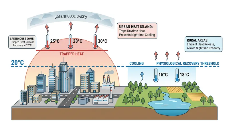 Urban heat islands trap thermal energy, preventing nighttime temperatures from dropping to the 20°C threshold required for physiological recovery.