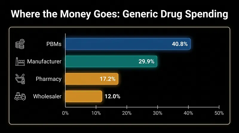 A 2023 JAMA Health Forum study found that nearly 70 percent of generic drug spending is captured by intermediaries.