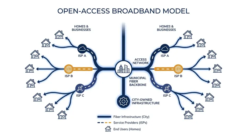 In an open-access model, the municipality owns the physical fiber while private ISPs compete to provide service.
